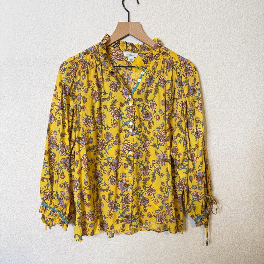 Sundance Yellow Floral Paisley Button Down Blouse with Ruffle Details Size S